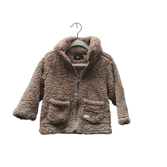 7 For All Mankind Kids Sherpa Fleece Zip Jacket Tan Teddy Coat Pockets - Picture 1 of 4
